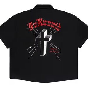 4 HUNNID Black Short Sleeve Button Down Shirt Oversized Large fits like XL